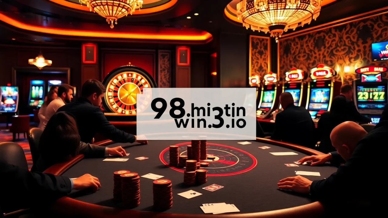 Players enjoy a high-stakes poker game at a luxurious casino, highlighting the essence of gambling at https://98win3h.io/.