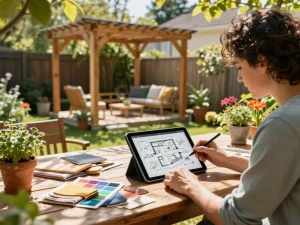 Creative backyard design using a pergola 3D planner with colorful plants and design tools.