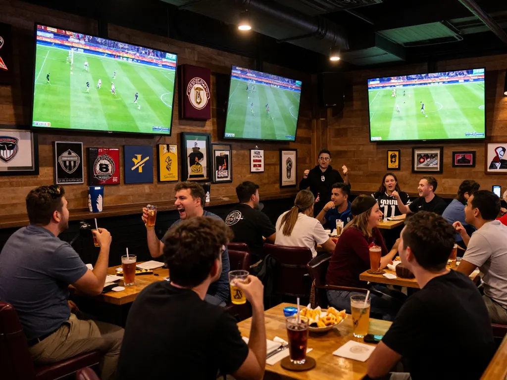 Excited football fans tracking kết quả bóng đá on multiple screens at a vibrant sports bar