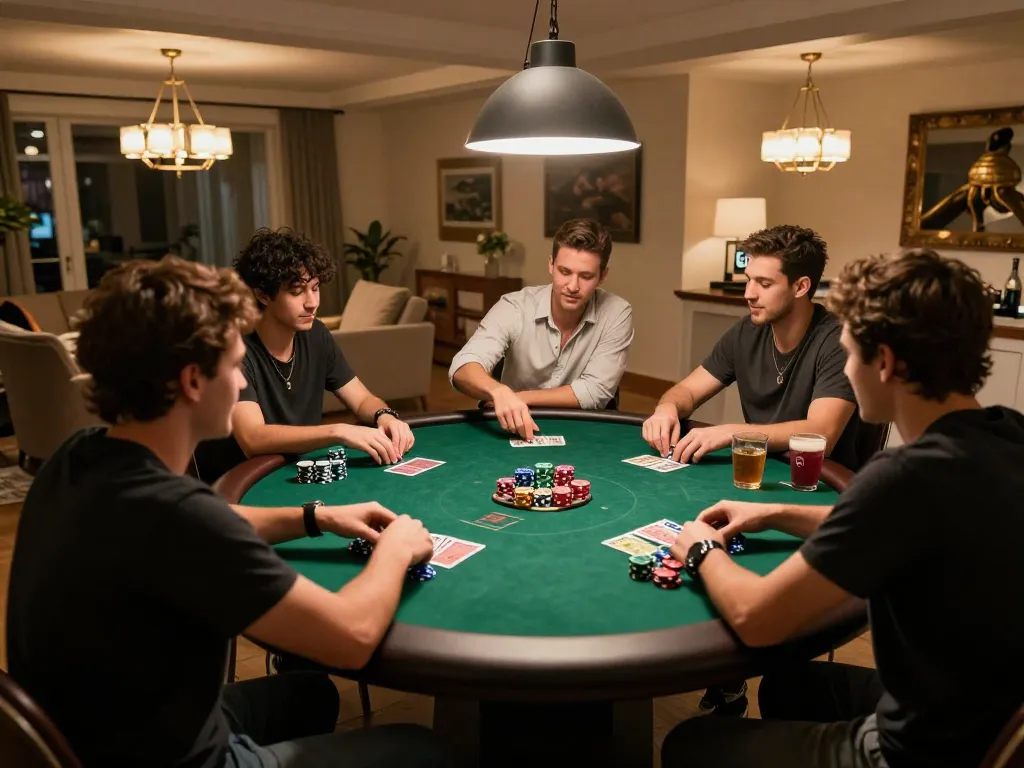Engaged group of friends enjoying poker at home, showcasing the excitement of https://92slot.net/ gaming experience with chips and cards visible