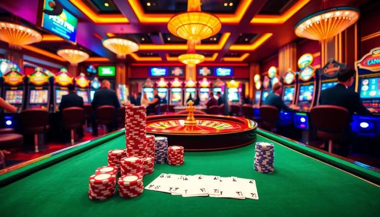 Players enjoying a thrilling game at 789win casino featuring poker chips and roulette.