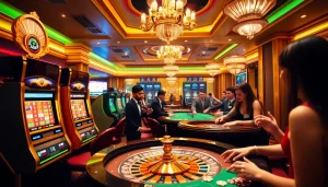 Experience KJC's dynamic casino atmosphere with players at vibrant tables and slot machines.