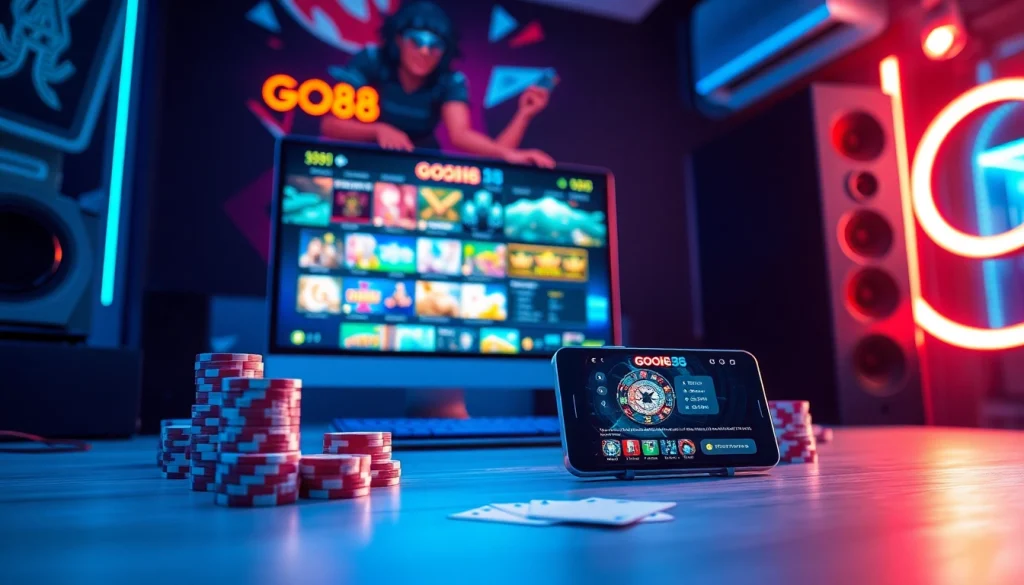 Gaming setup with vibrant GO88 casino games, highlighting go-88.us.com experience.