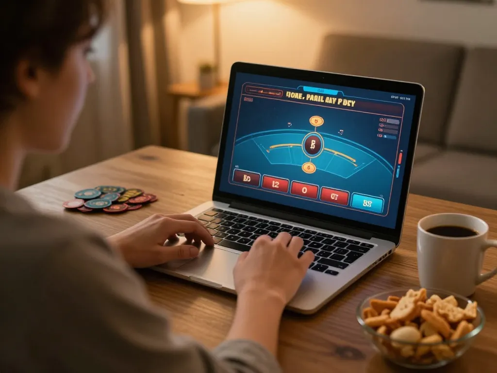 Engaged player enjoying HIT CLUB online poker experience on laptop with cozy home atmosphere.