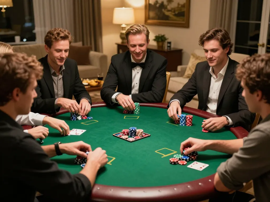 VA88 players enjoying a lively poker game at home, showcasing strategic bonding and responsible gambling.