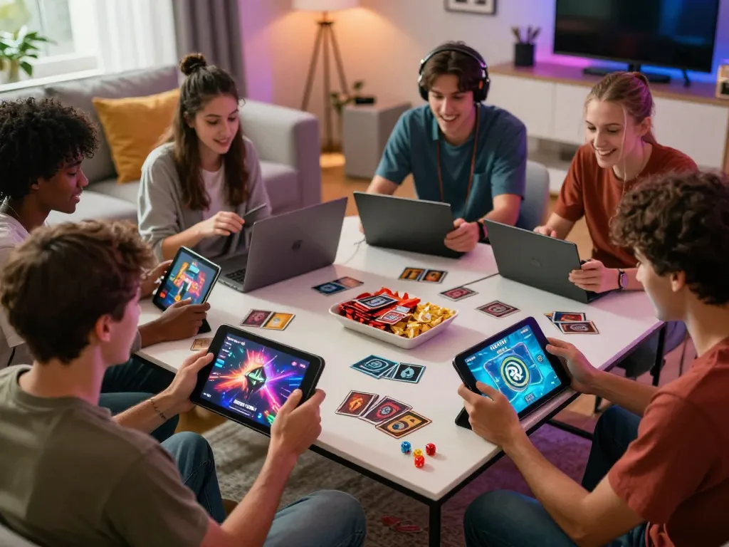Excited players enjoying the RIKVIP gaming experience on various devices in a cozy living room.