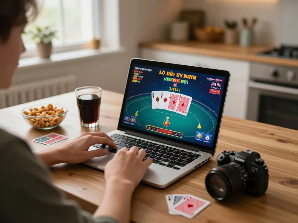 Lô Đề Uy Tín player using laptop for online poker in a cozy home atmosphere