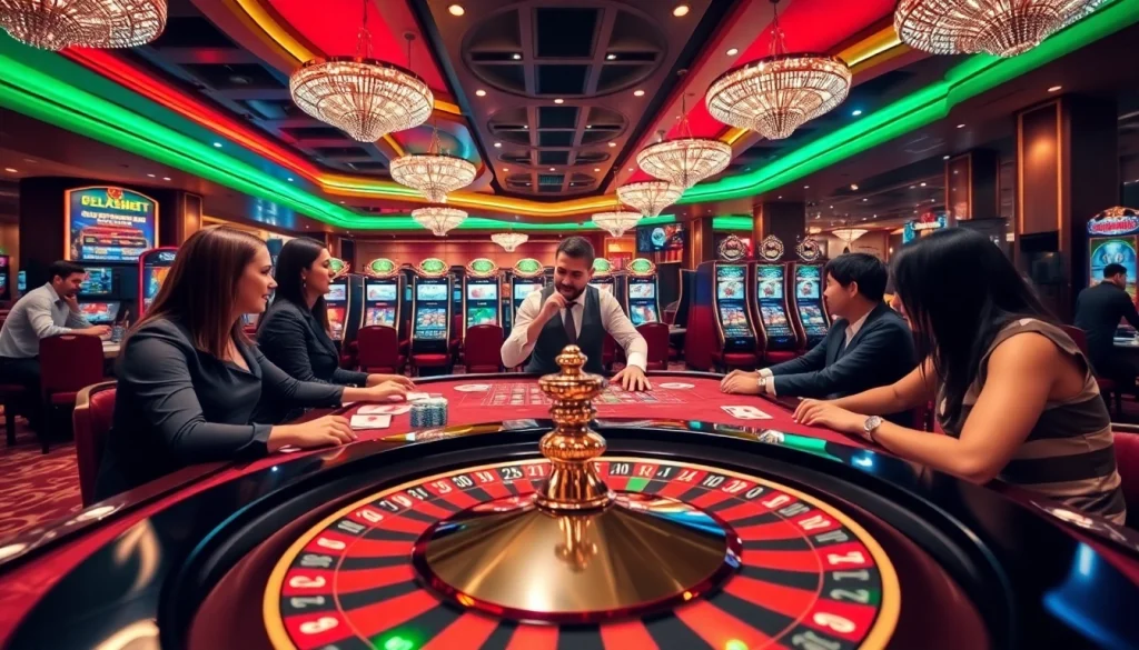 Thabet casino gaming experience with vibrant tables, poker chips, and lively atmosphere.