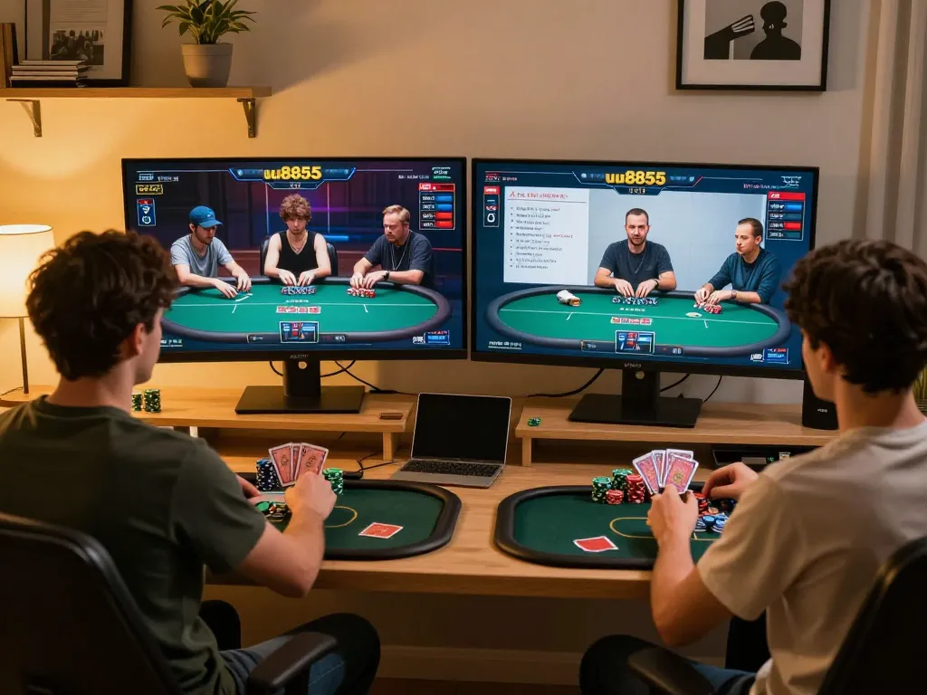 Players strategizing in a dynamic online poker session on uu8855, showcasing smart home gaming setup.