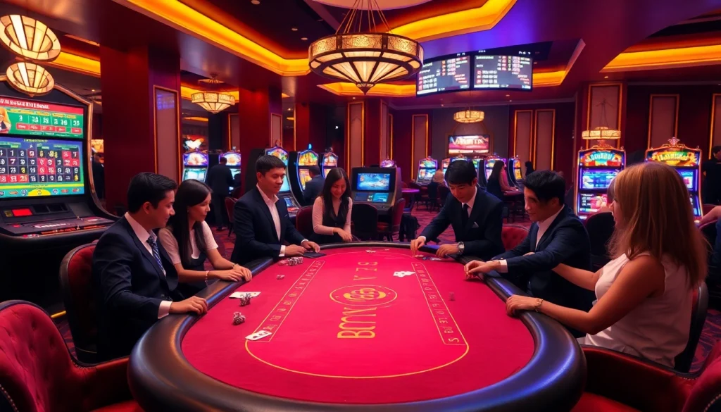 Players enjoying an exciting game at the J88 casino table with vibrant poker chips.