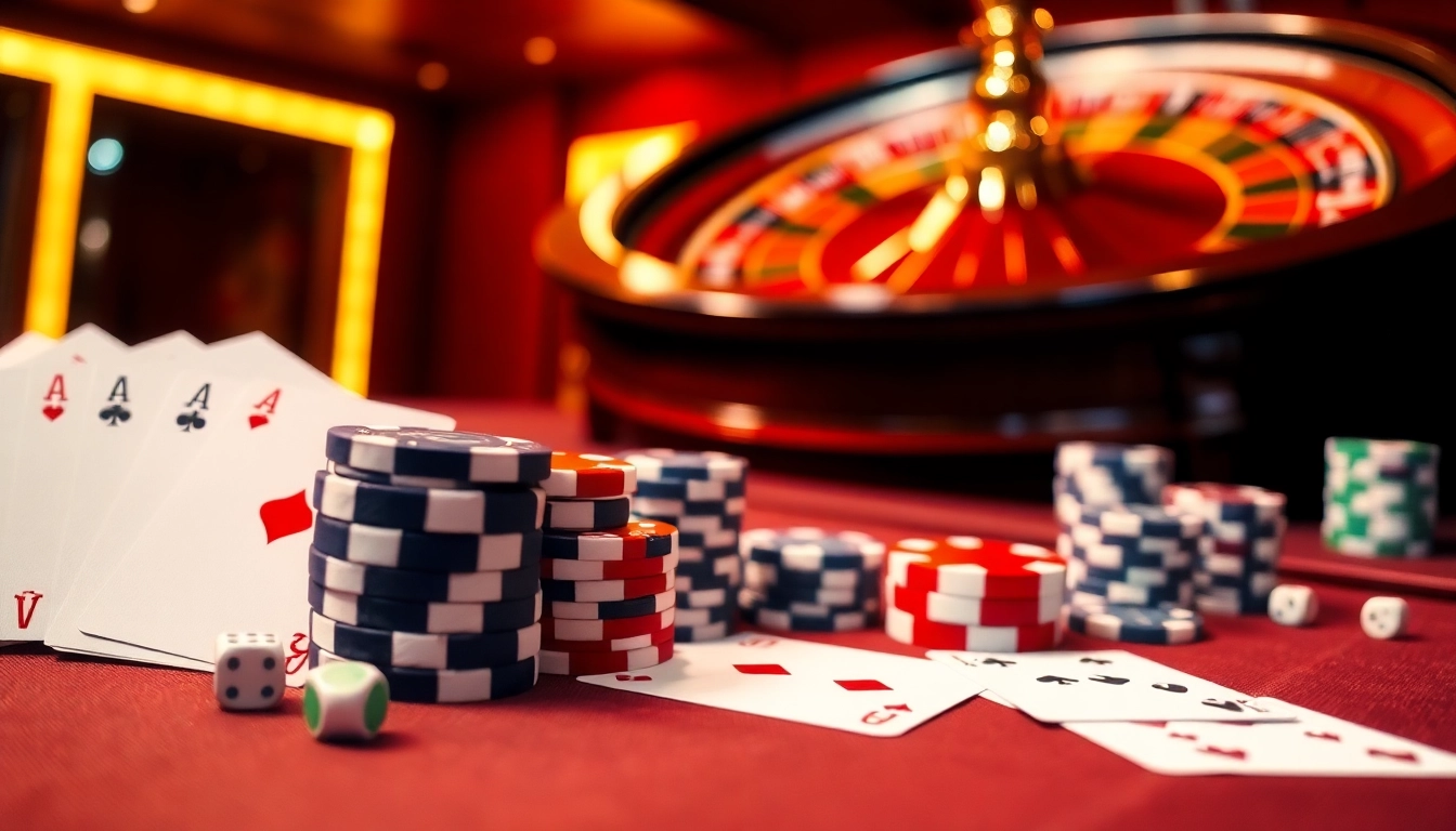 Go88 casino scene featuring vibrant gaming tables, poker cards, and dice in action.