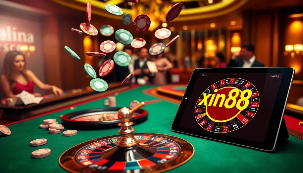 gamblers place bets at an exciting xin88 casino table with poker chips and a roulette wheel
