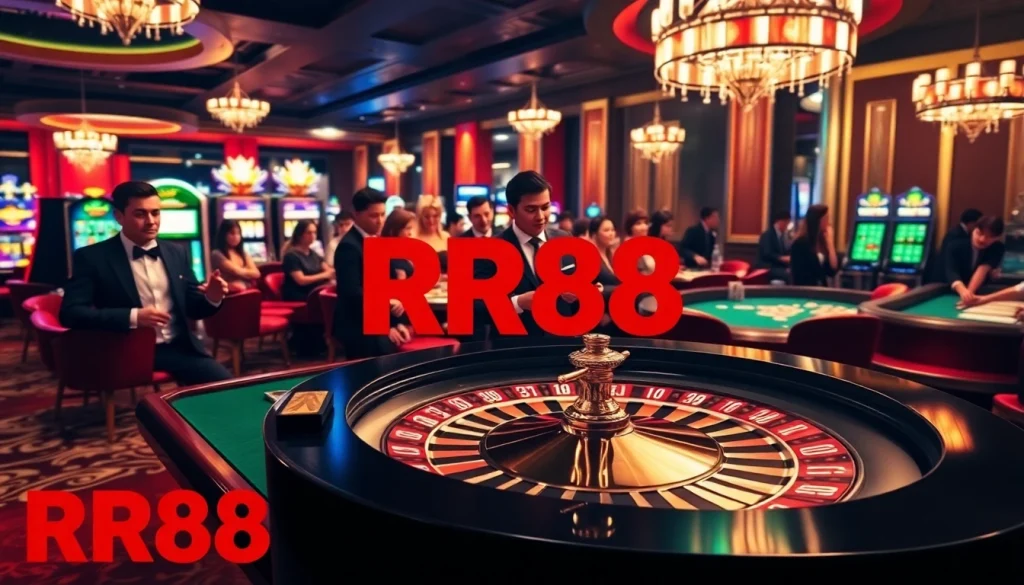 Players celebrating their wins at RR88's luxurious casino tables.