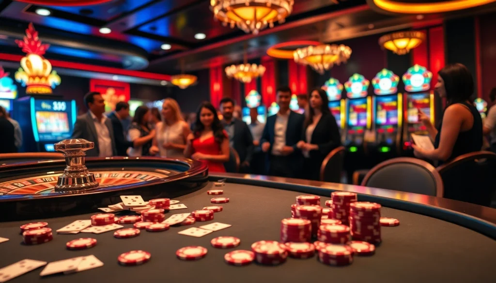 Join the thrilling mm66 casino experience with players at an elegant gaming table surrounded by vibrant slot machines.