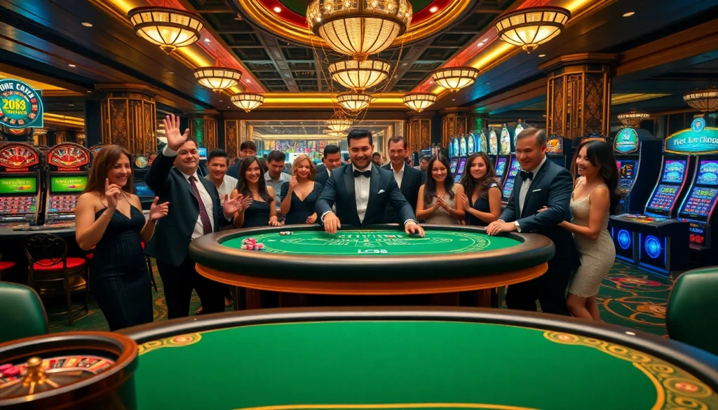 Players enjoy an exciting game at the LC88 casino table, showcasing vibrant atmosphere and luxury.