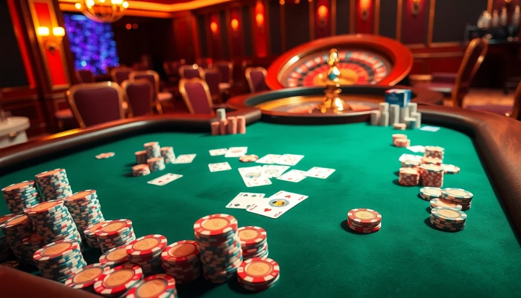 Kèo nhà cái 5 highlights high-stakes poker excitement with cards and chips in a luxurious casino setting.