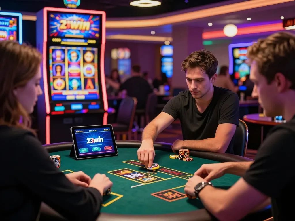 Exciting 23win online casino scene with players engaging in poker and slot games.