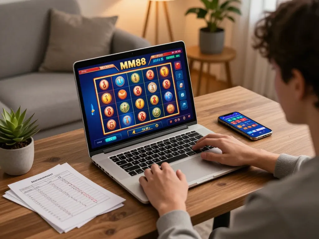 Enjoying MM88 casino gaming on a laptop in a cozy setting with strategic notes nearby.