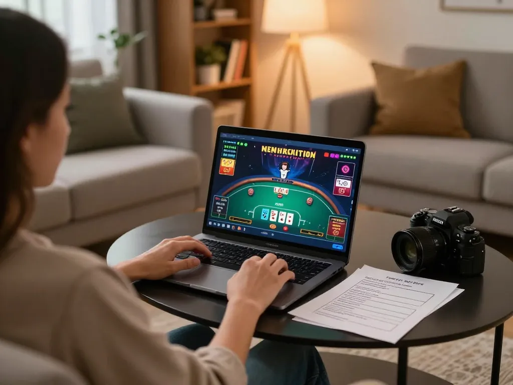 Enjoying Game bài đổi thưởng with online poker setup at home, focusing on strategic gameplay