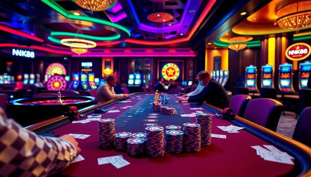 Players engaging at a high-stakes NK88 poker table amidst an exciting casino atmosphere.