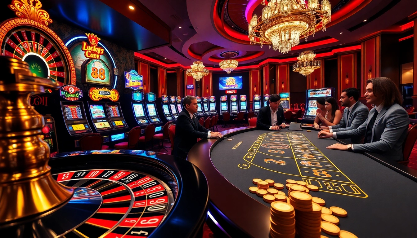 Experience the thrill of Lucky88 at an elegant casino with vibrant gaming tables and slot machines.