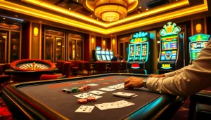 789Win player placing strategic poker chips on a casino table amid vibrant slot machines and roulette wheel