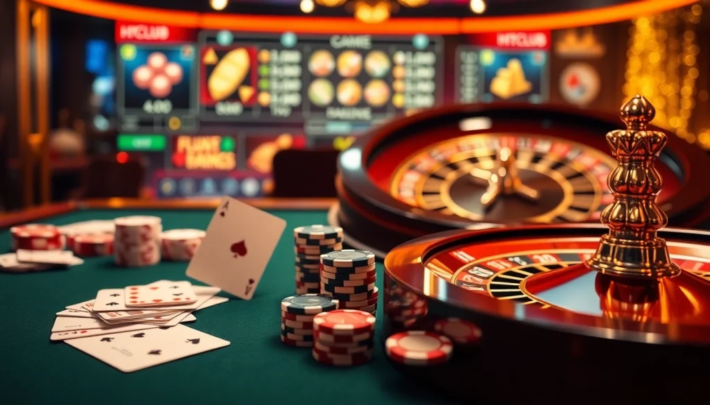 Experience the excitement of gambling at Hitclub uy tín with vibrant casino visuals showcasing games and rewards.