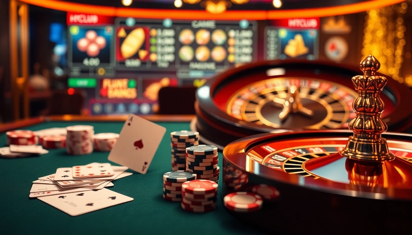 Experience the excitement of gambling at Hitclub uy tín with vibrant casino visuals showcasing games and rewards.