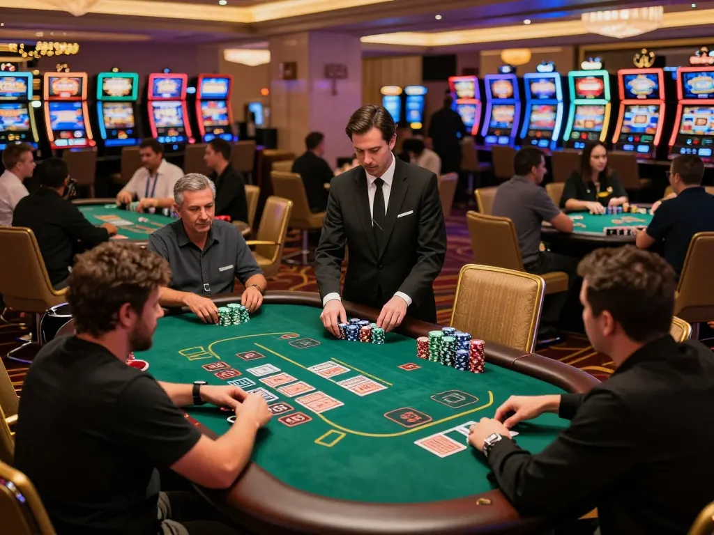 Experience the thrill of blackjack tables at mm88.green's upscale Vegas casino with engaged players and dealers.