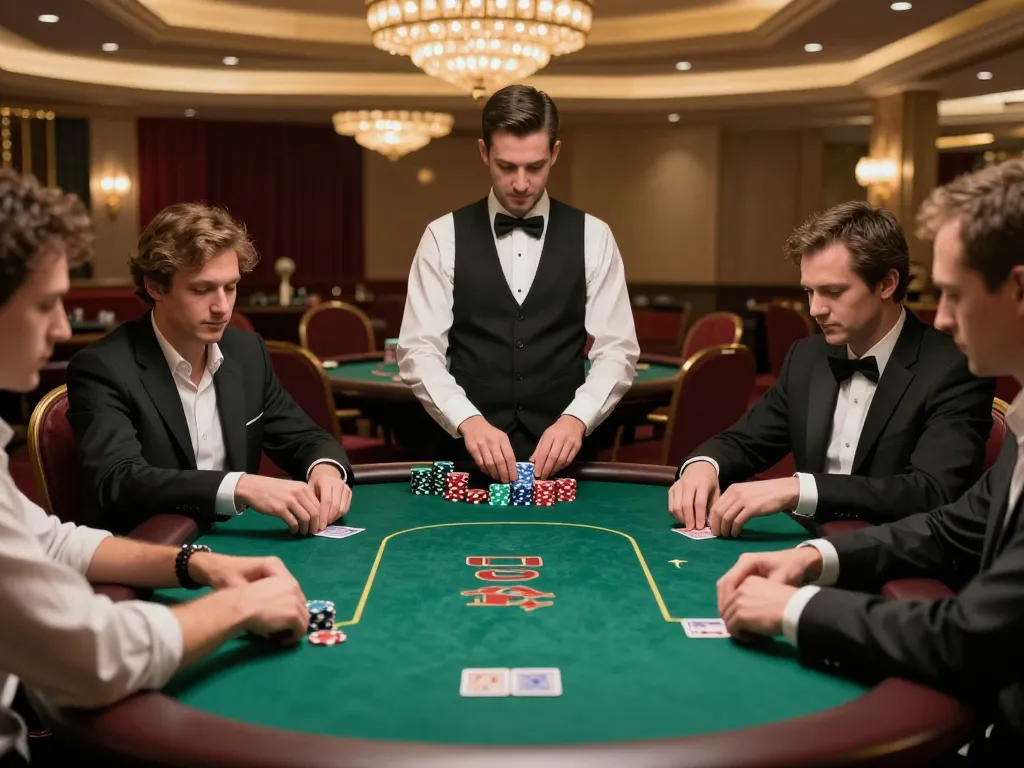 Players strategizing at a poker table in an upscale casino while enjoying az888 gaming experience