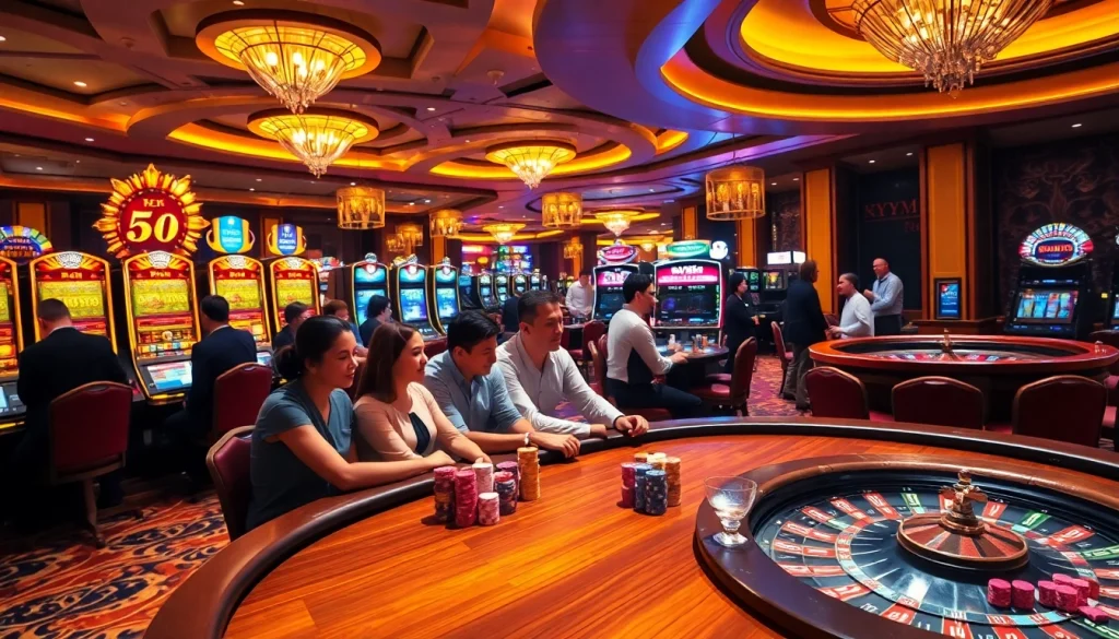 Players engage in poker on a vibrant casino floor at https://tr88.golf/, showcasing the thrill of gambling.