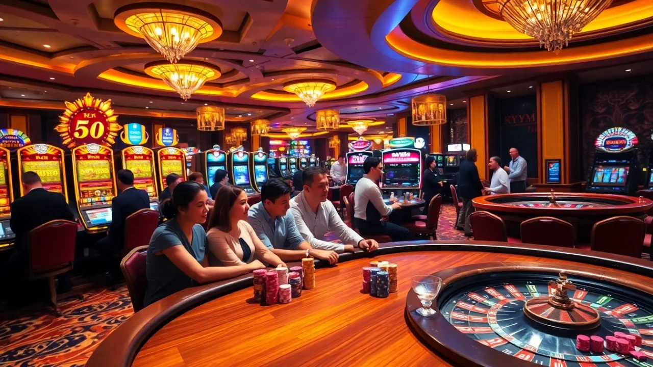 Players engage in poker on a vibrant casino floor at https://tr88.golf/, showcasing the thrill of gambling.