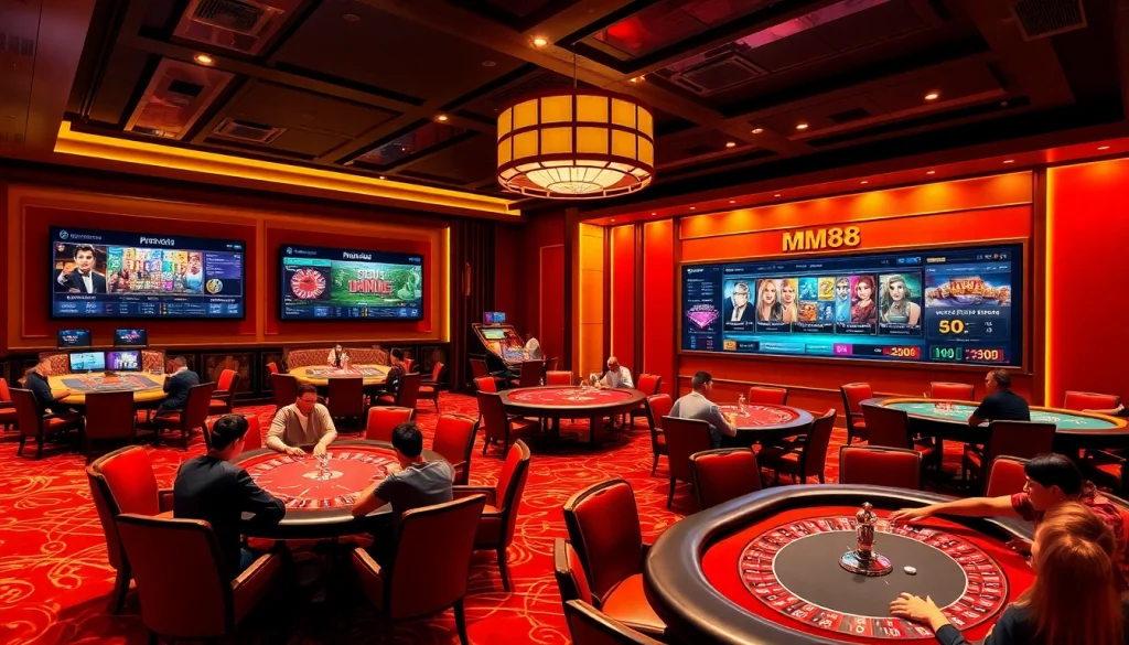 Experience MM88 excitement with vibrant casino tables, players, and illuminated gaming interfaces.