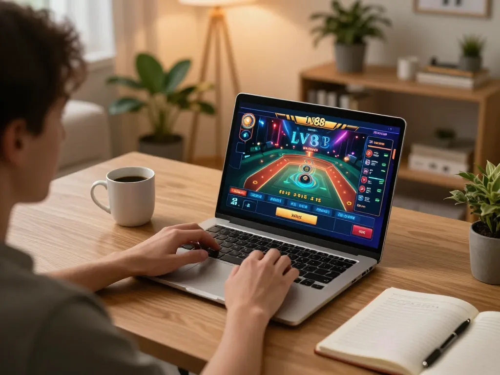 Player engaging with LV88 online casino interface, showcasing a modern gambling setup.