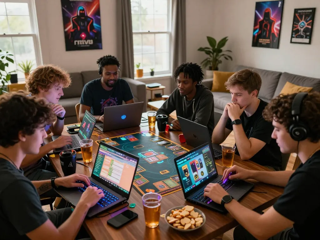 Diverse group enjoying an engaging multiplayer game rikvip in a cozy setting with snacks and gaming lights.