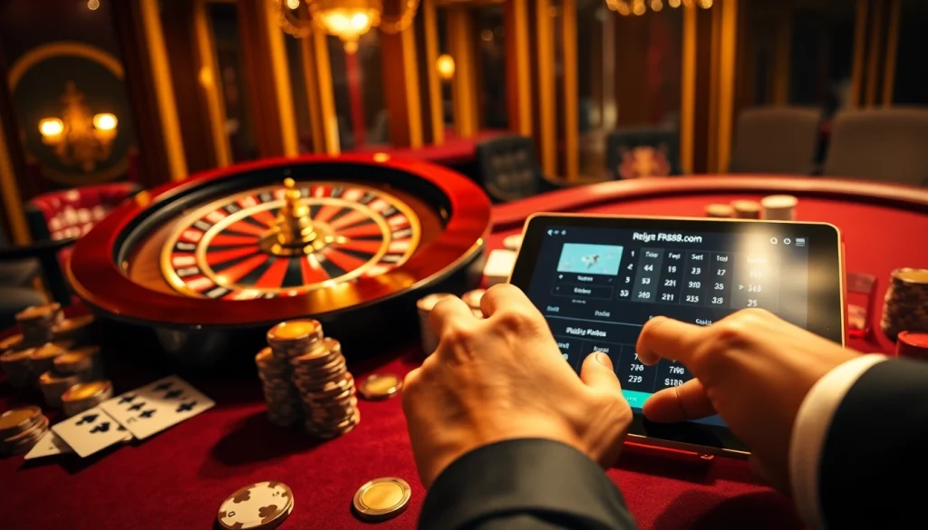 Experience high-stakes excitement at rr88.com with a luxurious casino scene showcasing a roulette wheel and poker table.