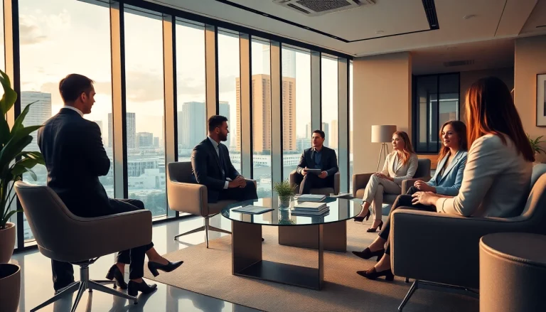 Professional law firm in Miami with diverse clients collaborating in a modern office.