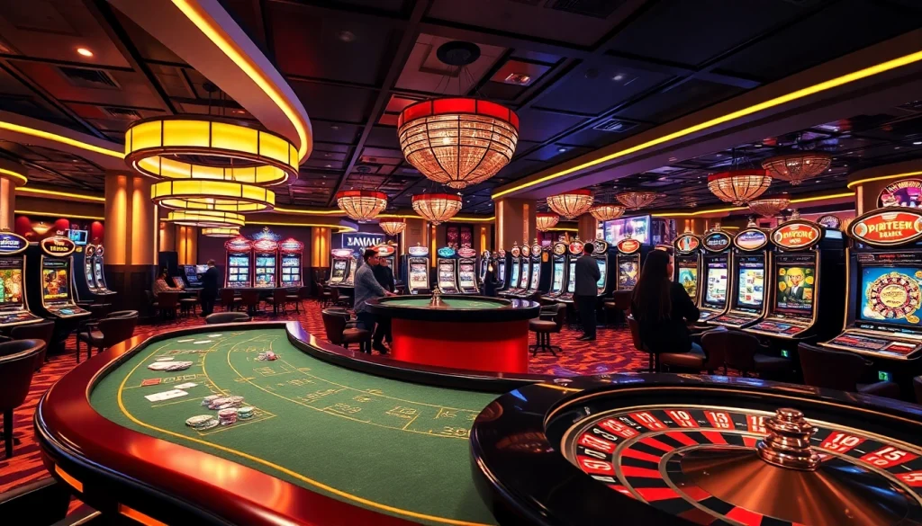 Exciting casino scene featuring f168 with lively poker tables, roulette wheel, and vibrant slot machines.