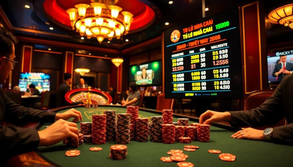 Experience thrilling gameplay with tỷ lệ nhà cái prominently featured at an elite poker table.