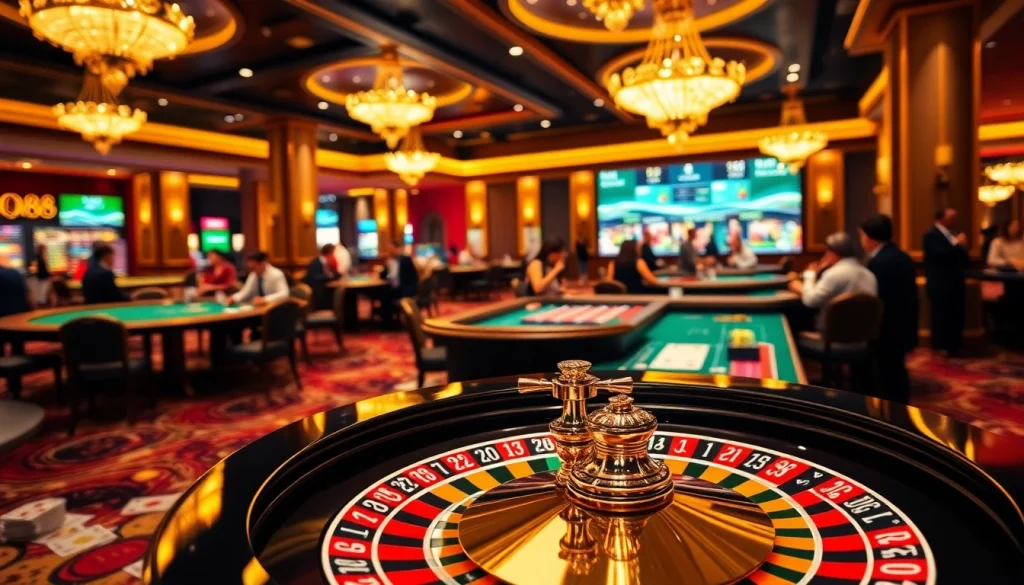 Players enjoying games at QQ88 online casino, showcasing vibrant chips and a roulette wheel.