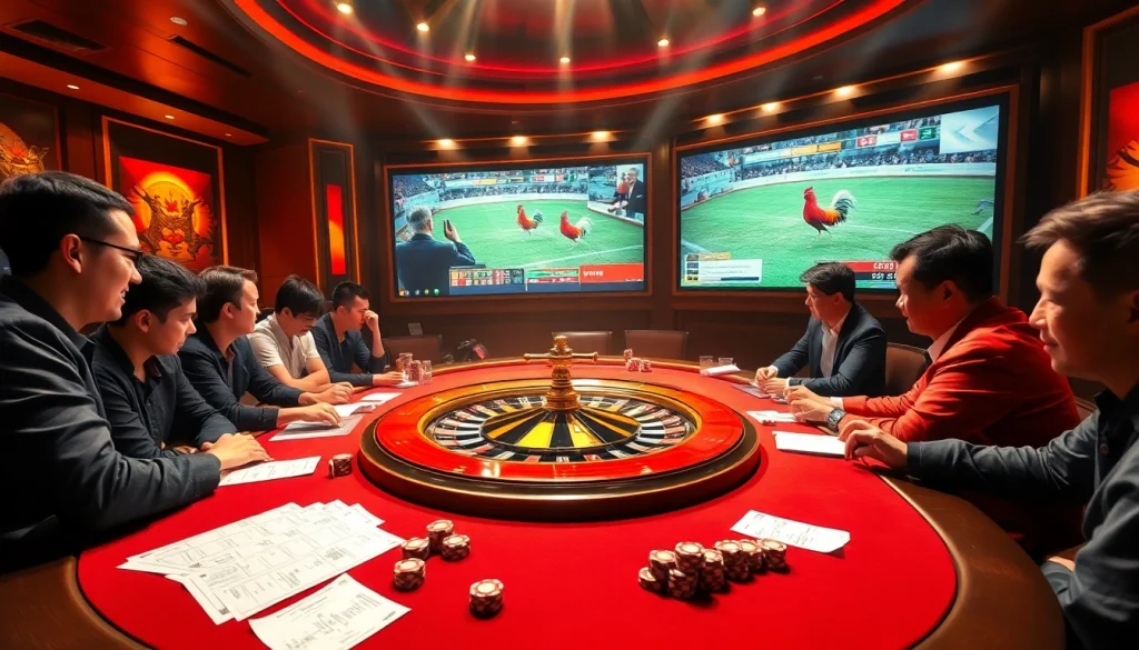 Engaging moment in đá gà trực tiếp with bettors at luxurious casino tables and live match screens.