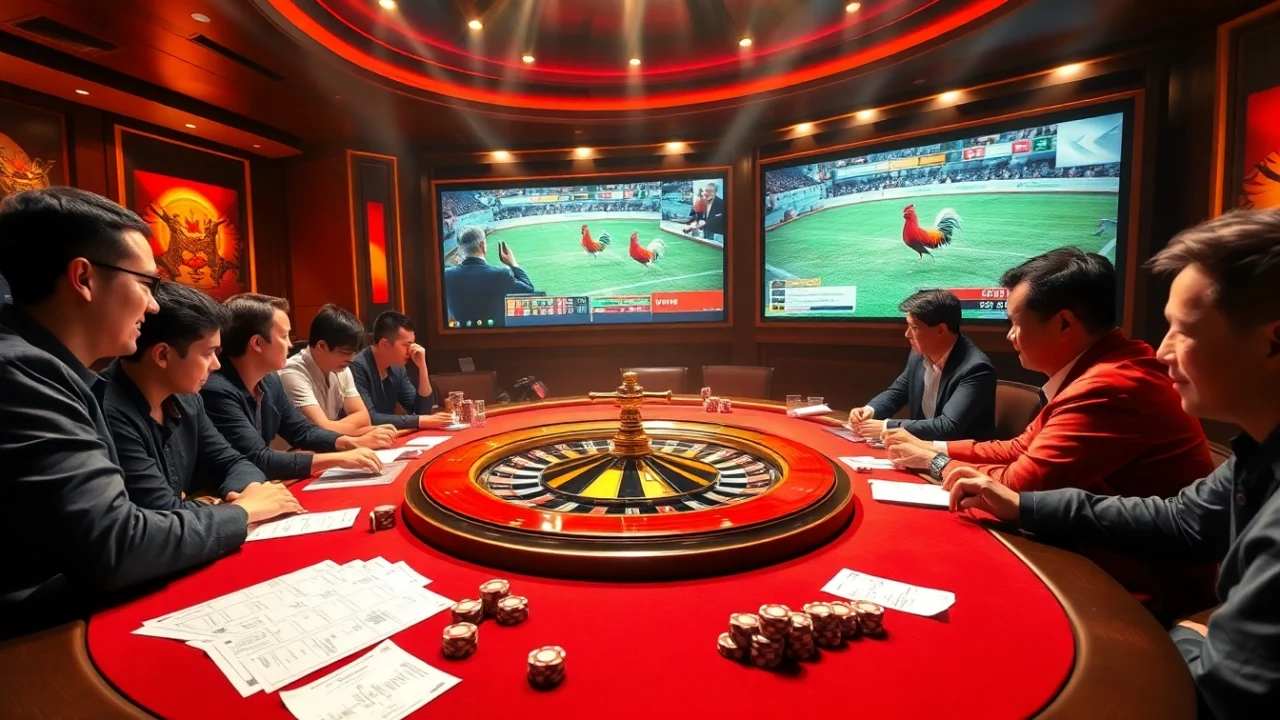 Engaging moment in đá gà trực tiếp with bettors at luxurious casino tables and live match screens.