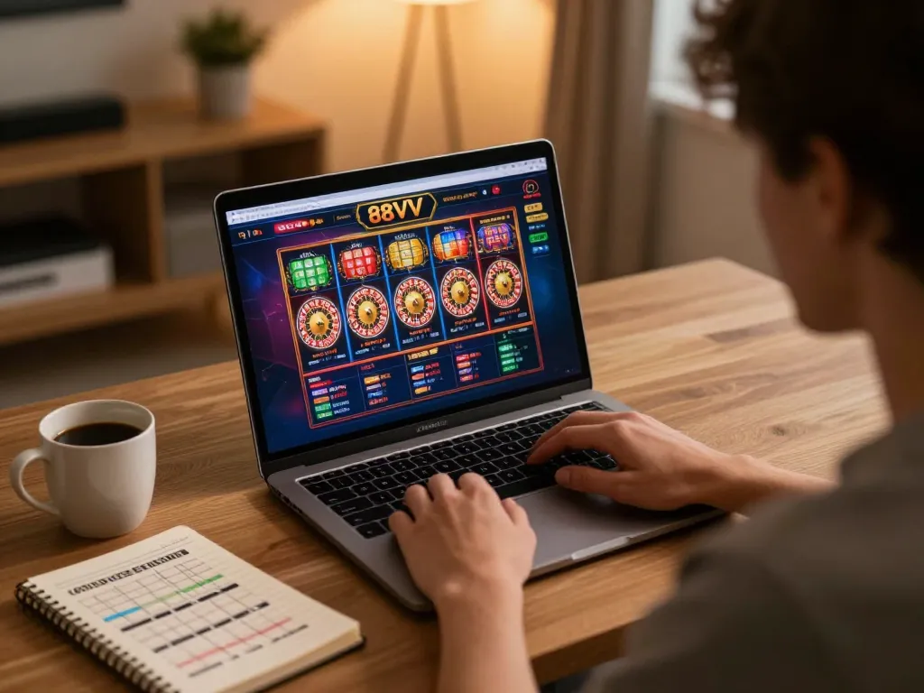 Engaging gaming experience at 88VV with a player focusing on online slots and strategies in a cozy setting