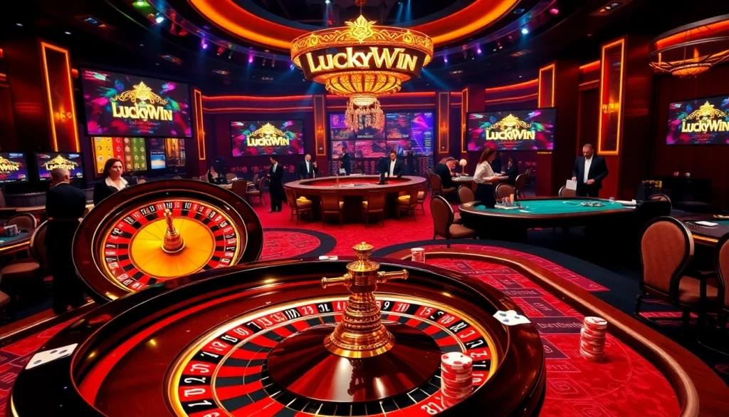 Players enjoying a vibrant stakes game at a luxury casino with LuckyWin branding.