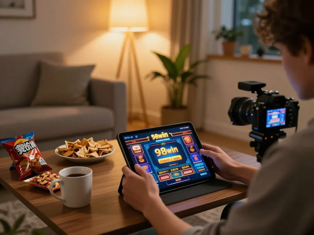 Player enjoys online gaming experience on 98win tablet in cozy living room.