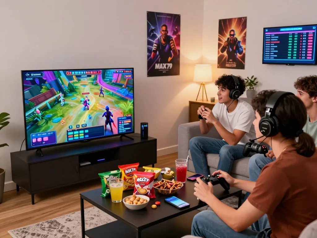 Exciting MAX79 online gaming experience in a vibrant living room.