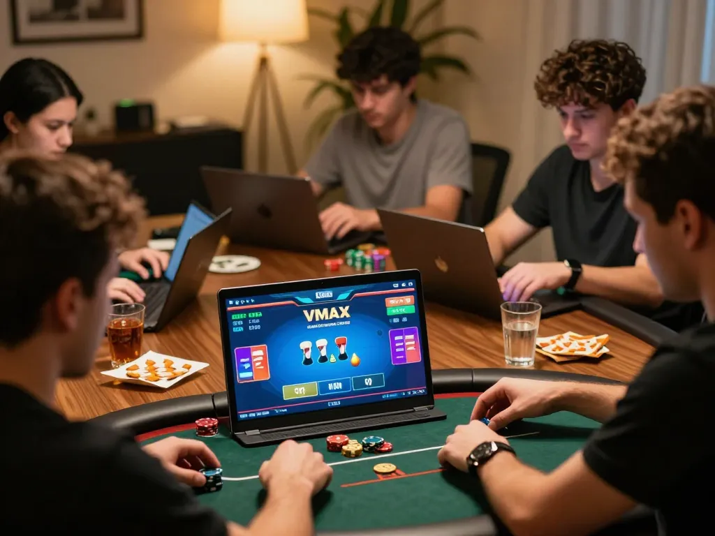 Engaging online poker game on VMAX platform, players strategizing with laptops in cozy home setting.