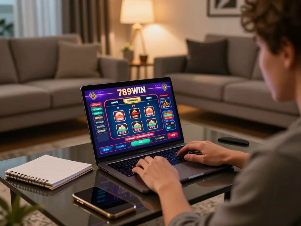 Engaging with 789WIN's online casino games in a cozy living room setting.