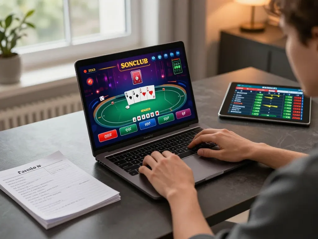 Engaging in strategic Sonclub gaming on a laptop surrounded by notes for better gameplay.
