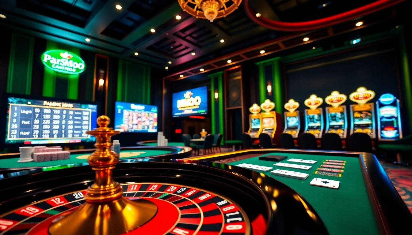 MMOO casino interface with poker chips, cards, and roulette wheel showcasing excitement in gambling.